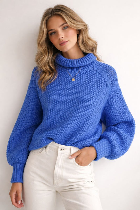 Blue Knit Turtle Neck Sweater