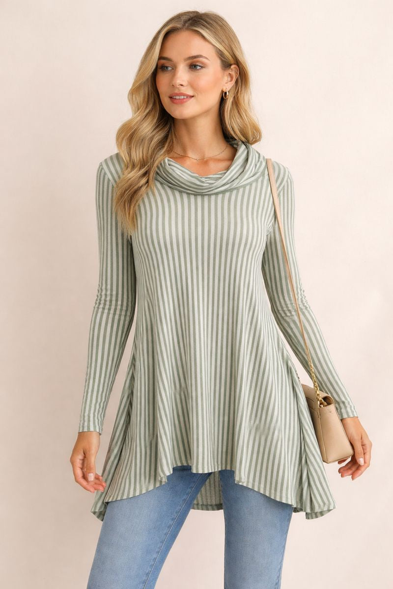 Green & White Stripe Asymmetrical Tunic