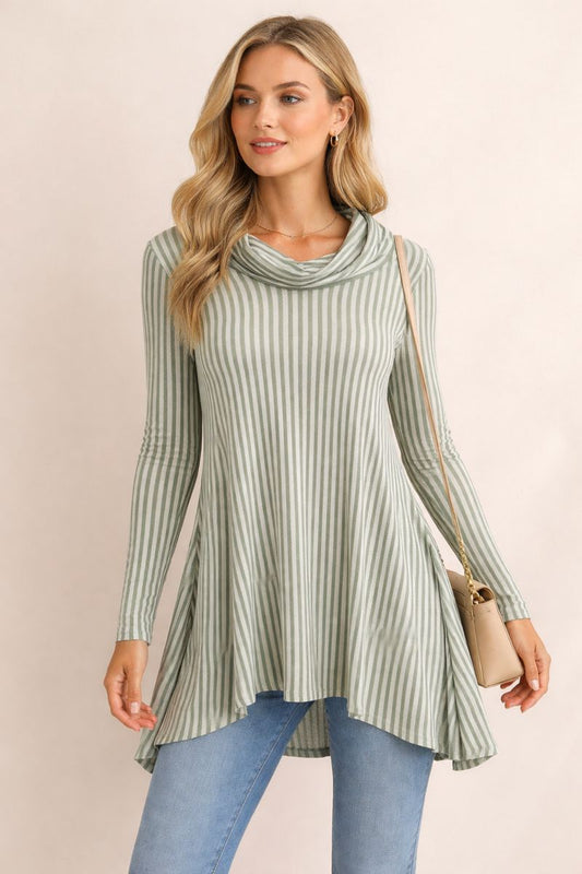 Green & White Stripe Asymmetrical Tunic