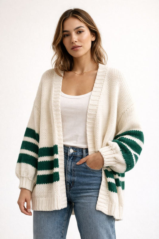 Oversized Green Strip Knit Cardigan