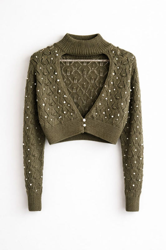 Olive green cropped knit cardigan w Pearl Detail