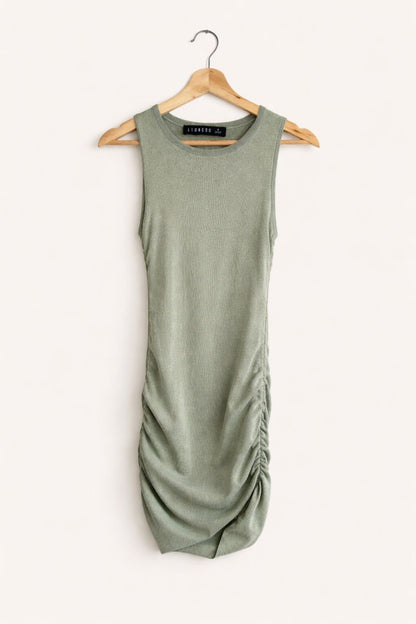 Sleeveless sage green ribbed mini dress
