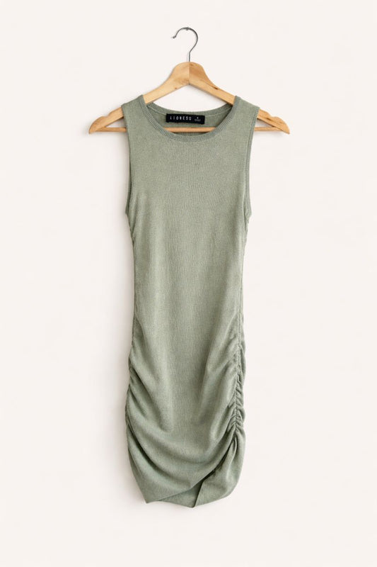 Sleeveless sage green ribbed mini dress