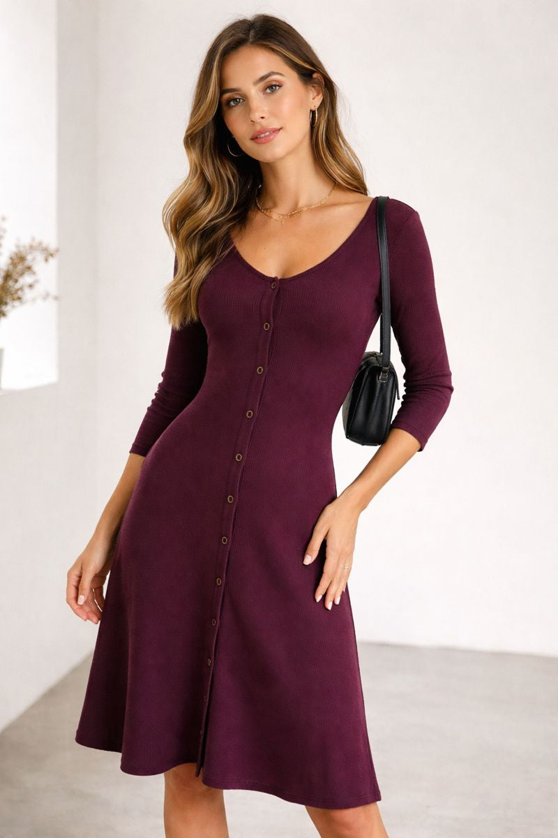 Burgundy Ribbed Maxi Long Sleeve Dress