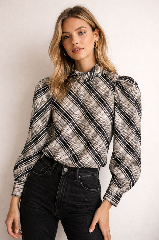 Long Sleeve Plaid Pattern Blouse