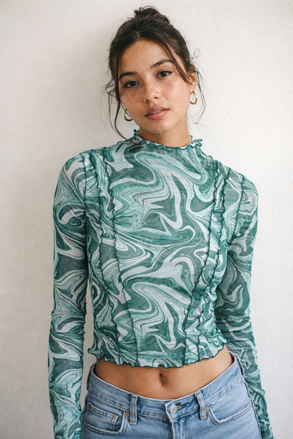 Green Marble Semi Sheer Long Sleeve Top