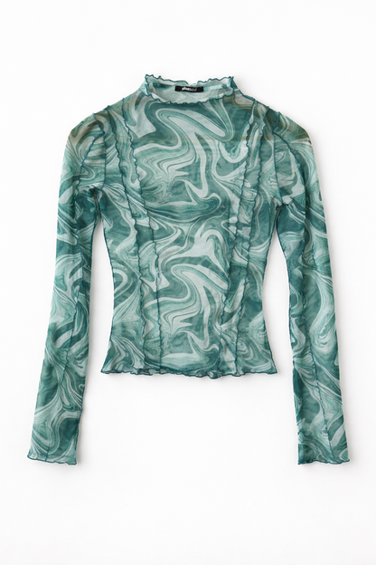 Green Marble Semi Sheer Long Sleeve Top