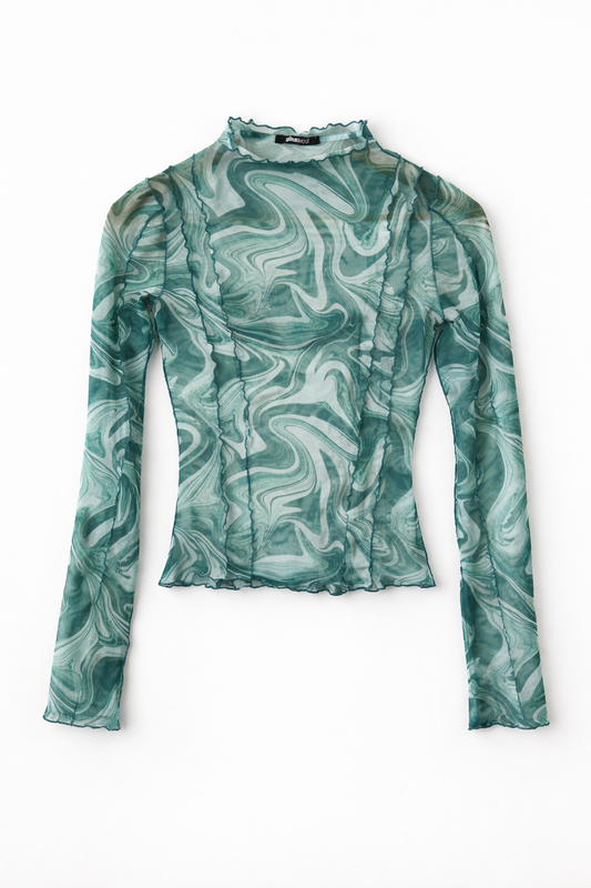 Green Marble Semi Sheer Long Sleeve Top