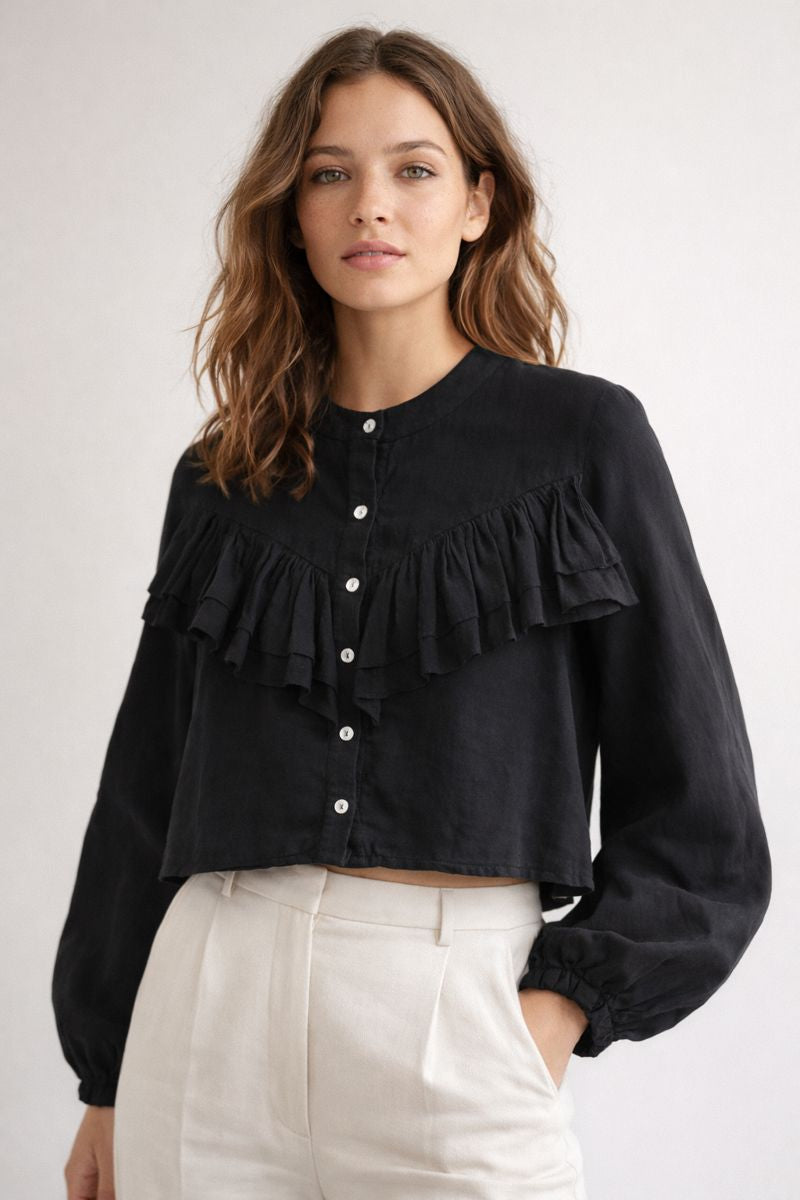 Black Crew Neck Long Sleeve Ruffle Blouse