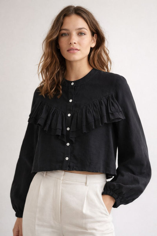 Black Crew Neck Long Sleeve Ruffle Blouse