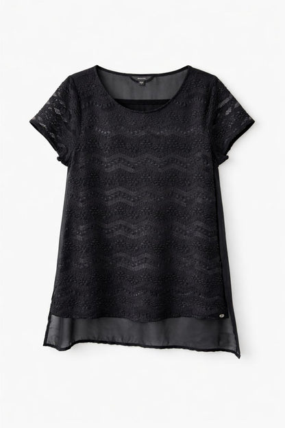 Black Semi Sheer Lace Detail Tee
