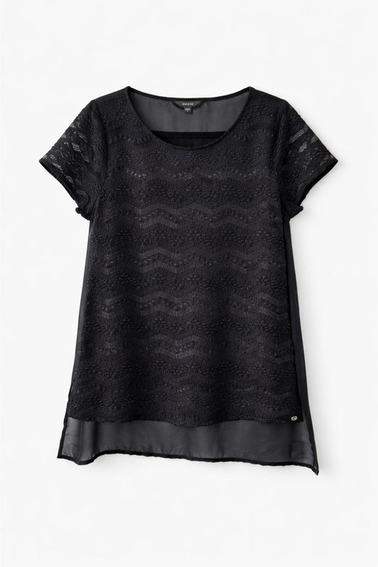 Black Semi Sheer Lace Detail Tee