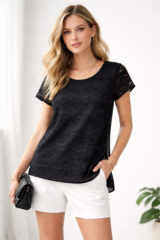 Black Semi Sheer Lace Detail Tee