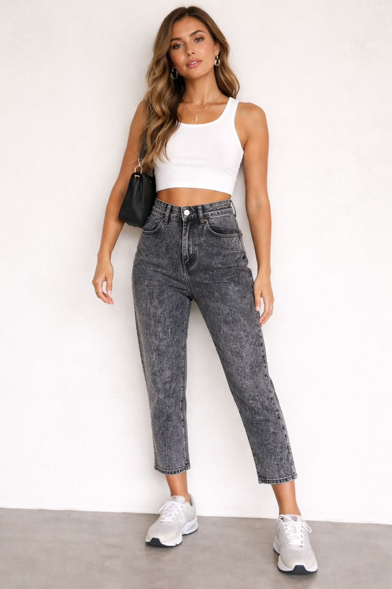 High Waisted 3/4 Lenth Acid Wash Black Jeans