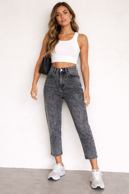 High Waisted 3/4 Lenth Acid Wash Black Jeans