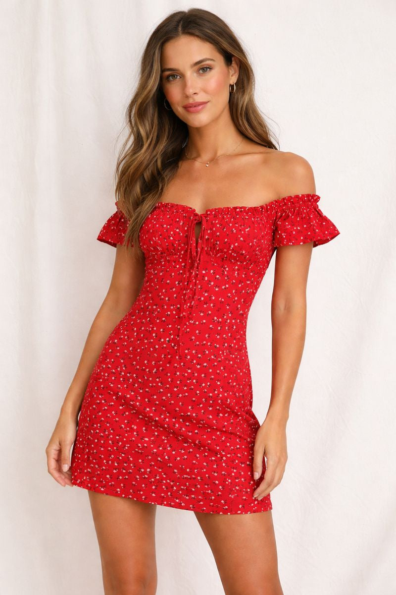 Red Floral Off-Shoulder Mini Dress