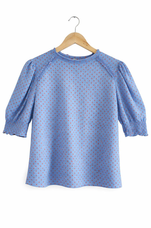 Sky Blue Polka Dot Puff Sleeve Blouse