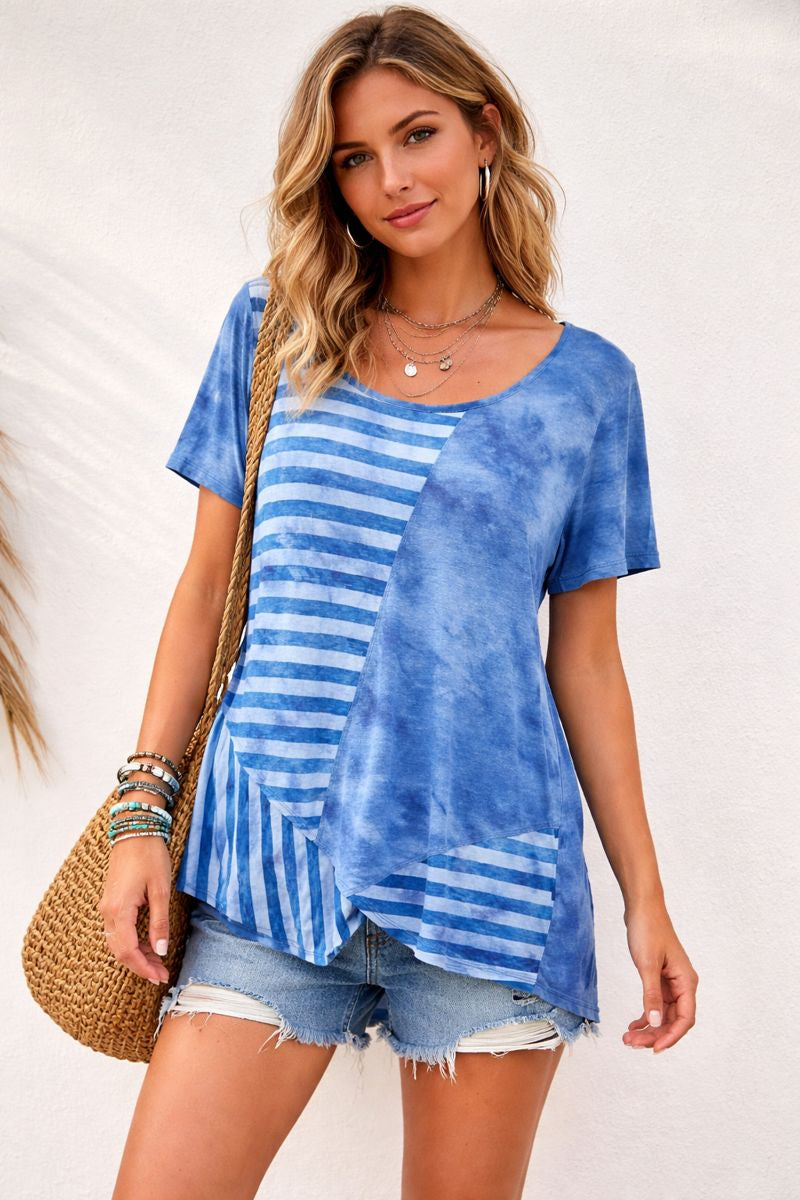 Blue Tie-Dye Asymmetrical Stripe Tee