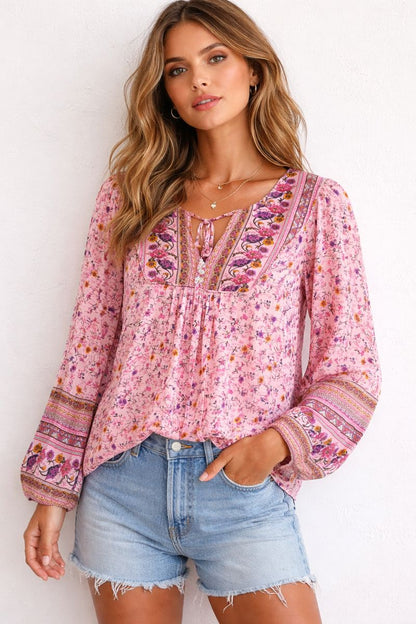 Salty Bright Pastel Pink Floral Print Light Weight Breezy Long Sleeve V Neck Blouse