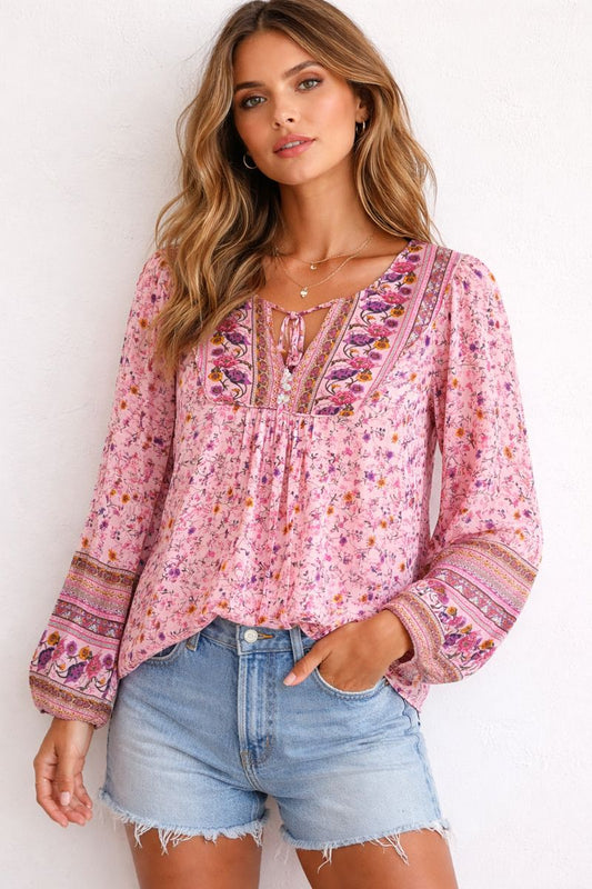 Salty Bright Pastel Pink Floral Print Light Weight Breezy Long Sleeve V Neck Blouse