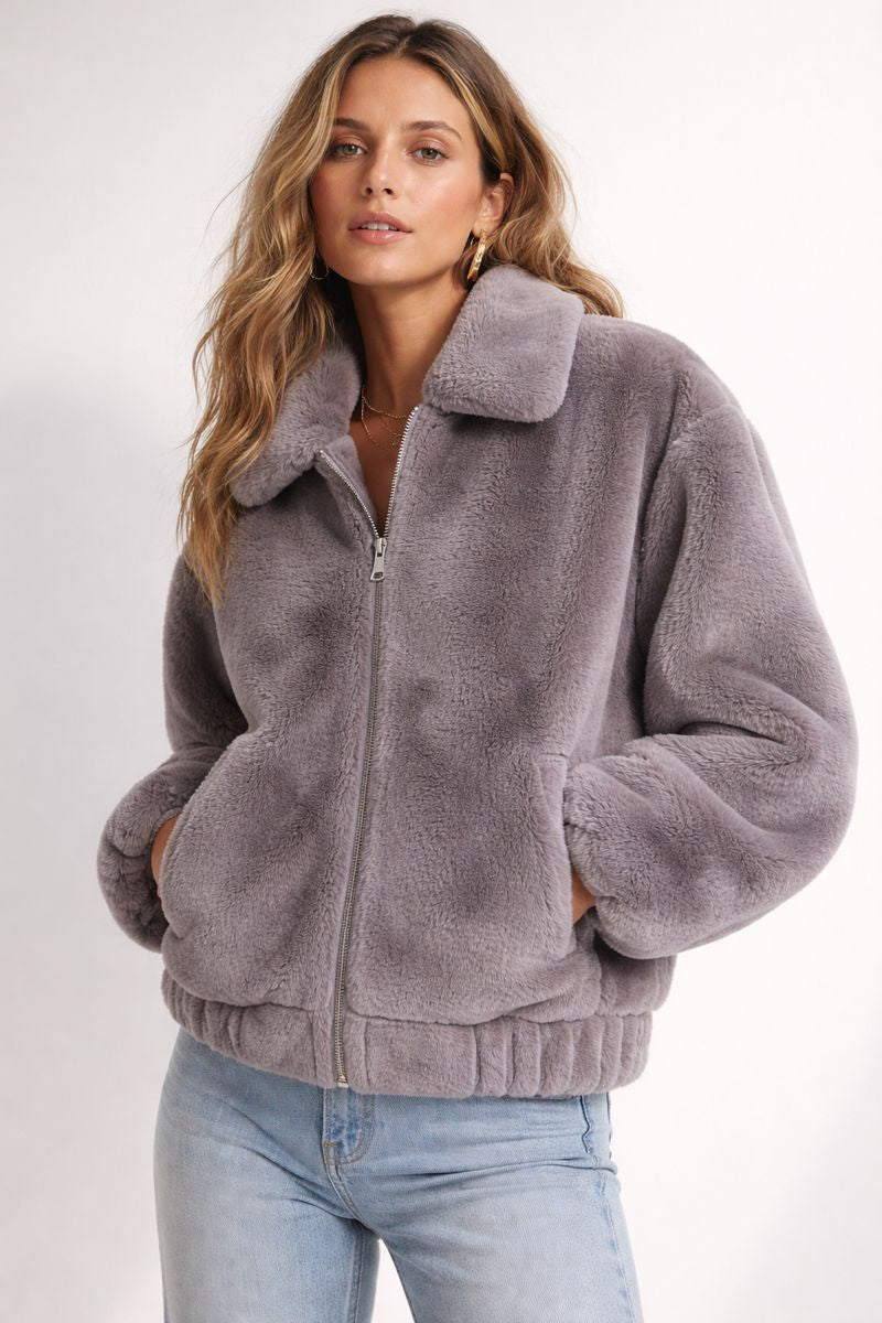 Decjuba Lux Faux Fur Zip through Bomber Jacket in Grey