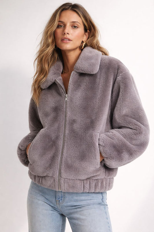 Decjuba Lux Faux Fur Zip through Bomber Jacket in Grey