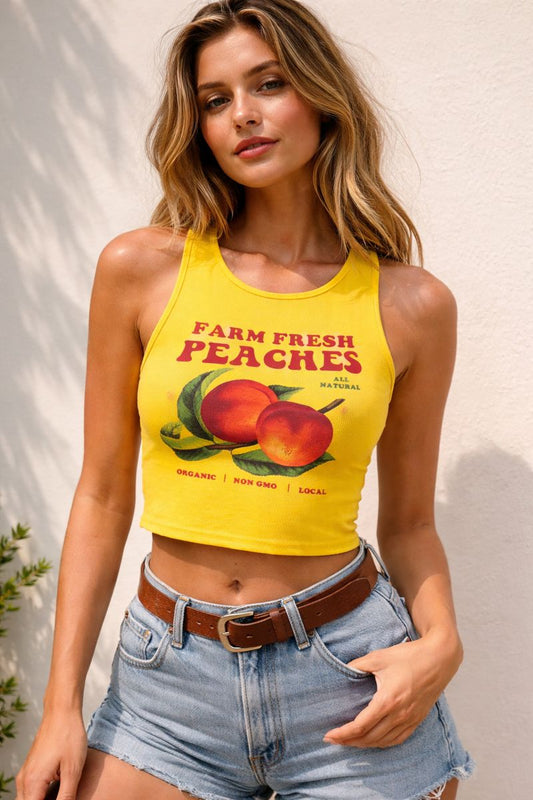 Farm Fresh Peaches Bright Yellow Graphic Tank Top