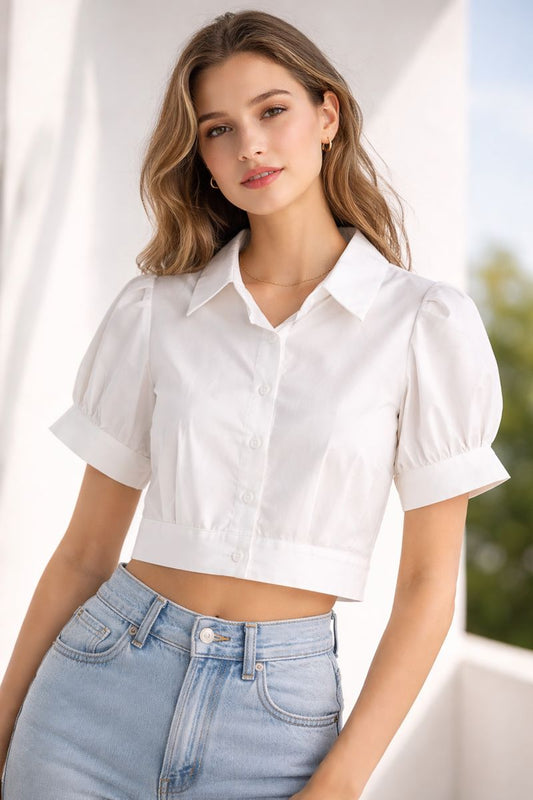 Crisp Cropped White Puff-Sleeve Shirt