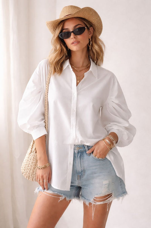 White Puff Long Sleeve Button up Top