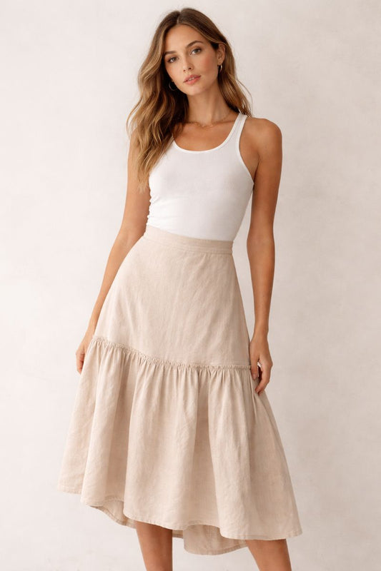 Linen Soft Neutral Tiered Midi Skirt