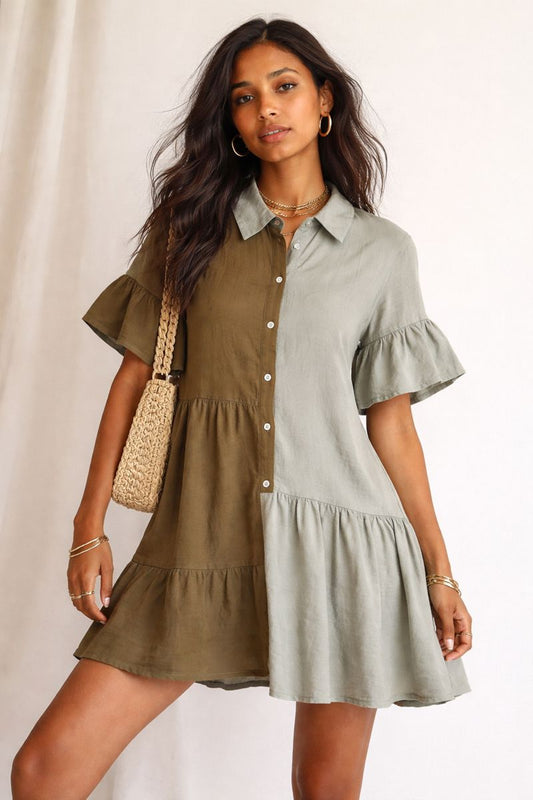 Two-Tone Tiered Shirt Dress