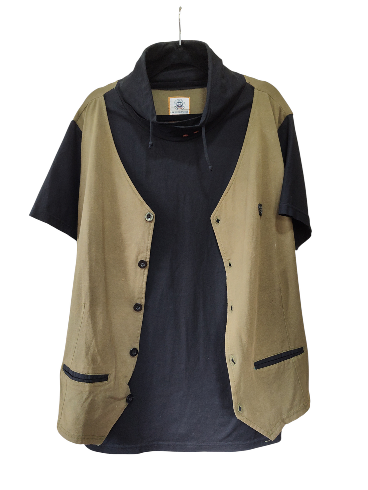Shengbangdi Khaki & Black Layered Short Sleeve Top