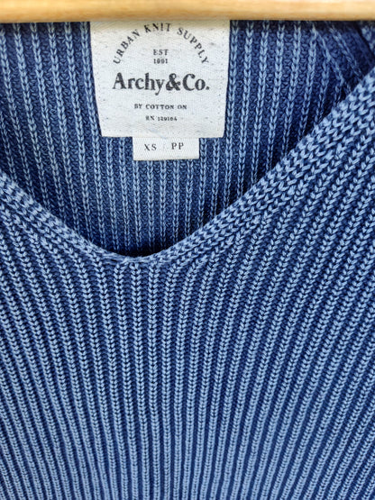 Blue V-Neck Ribbed Knit Jumper