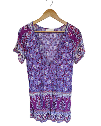 Purple Boho Paisley Print V-Neck Mini Dress