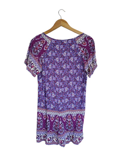 Purple Boho Paisley Print V-Neck Mini Dress