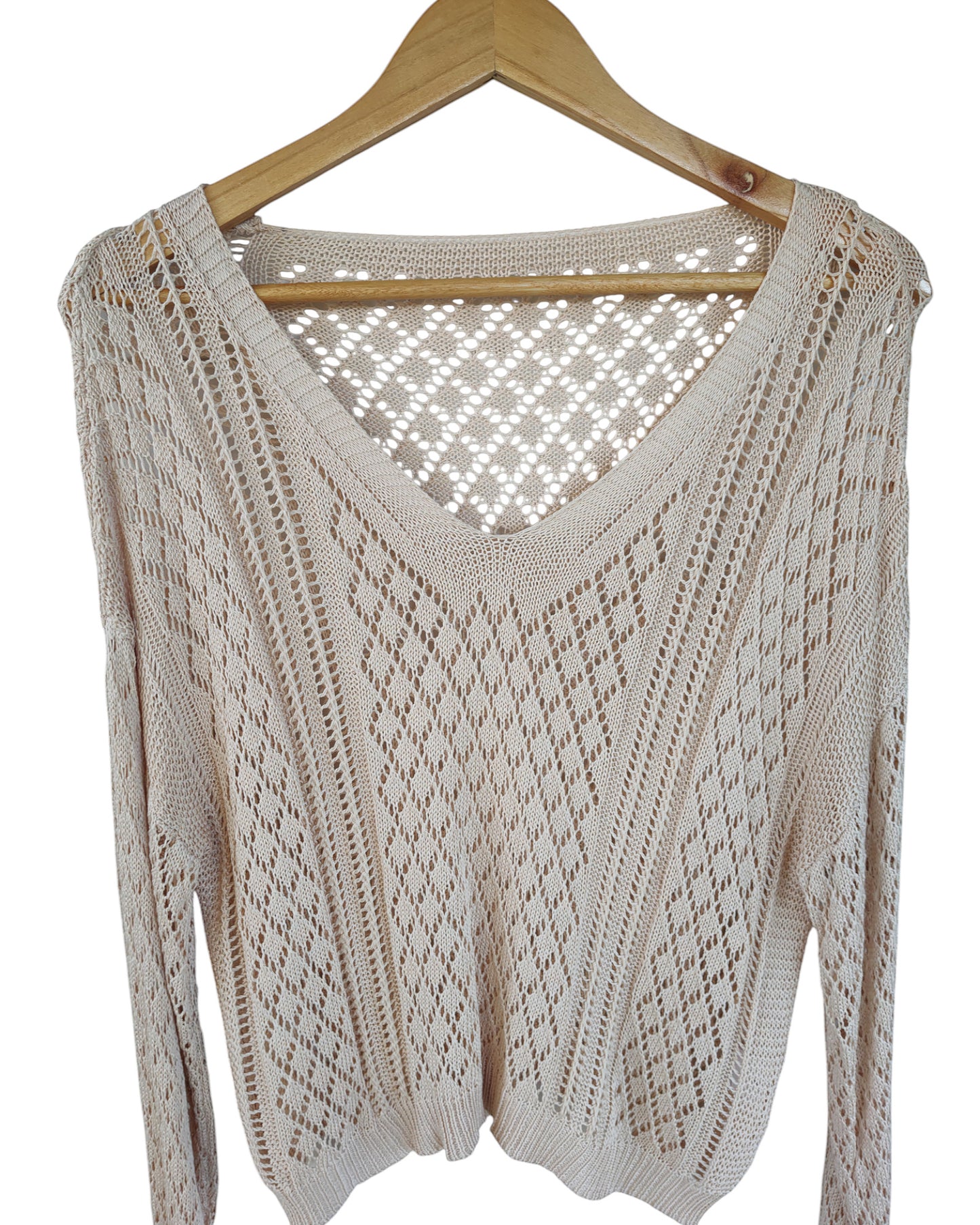 Cream open-knit long-sleeve top