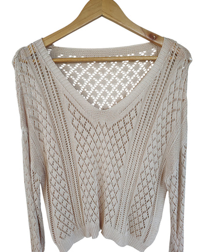 Cream open-knit long-sleeve top