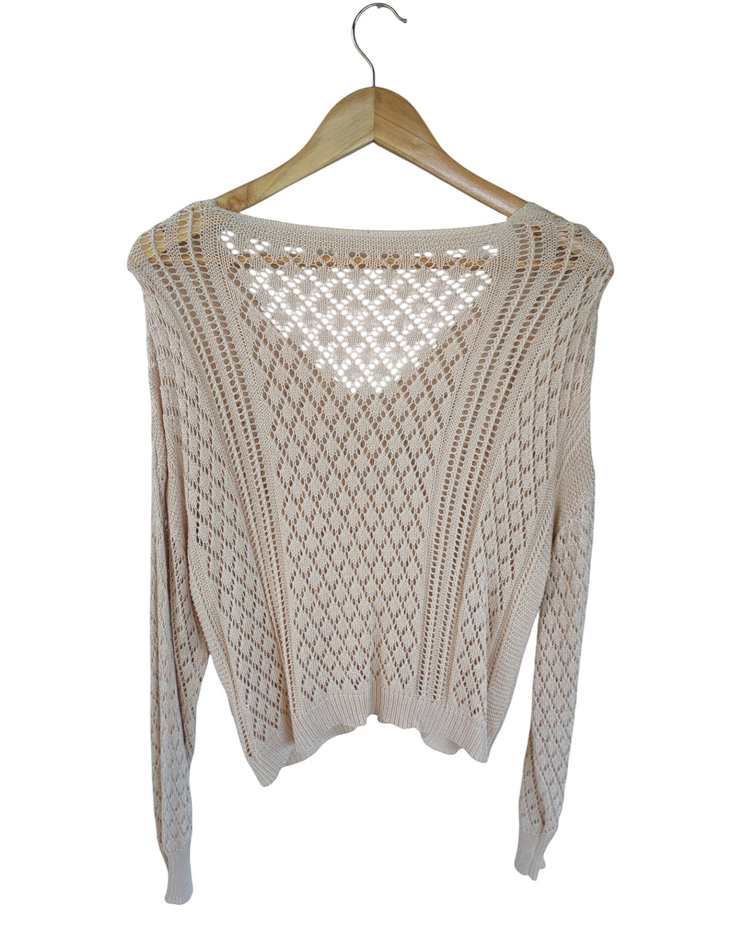 Cream open-knit long-sleeve top