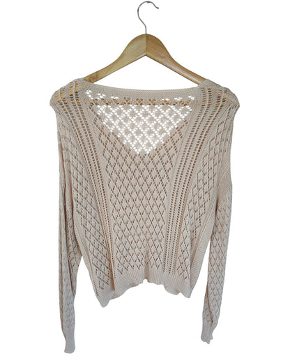 Cream open-knit long-sleeve top