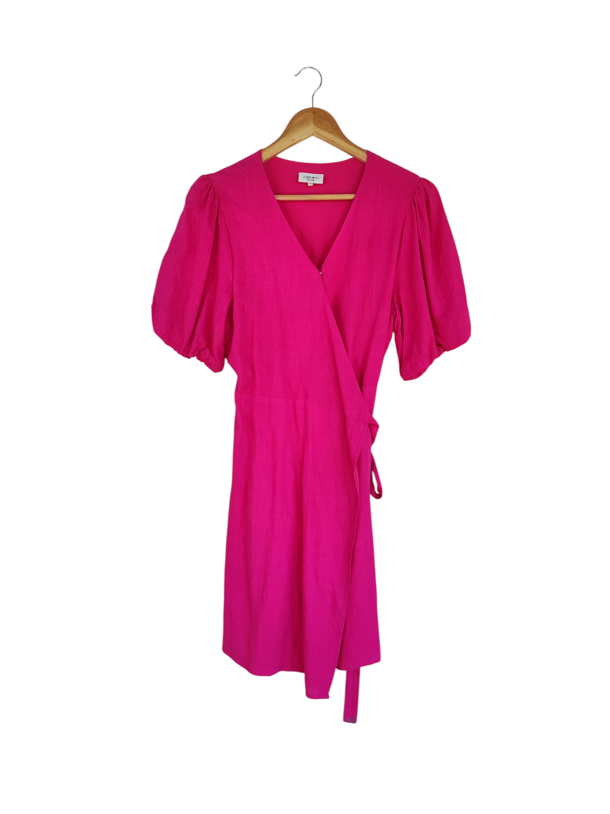 Hot Pink Puff Sleeve Wrap Mini Dress