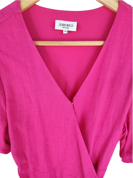 Hot Pink Puff Sleeve Wrap Mini Dress