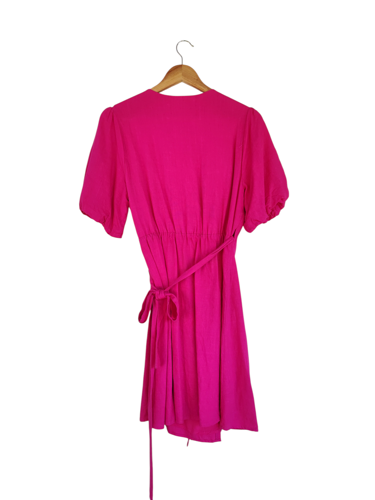 Hot Pink Puff Sleeve Wrap Mini Dress