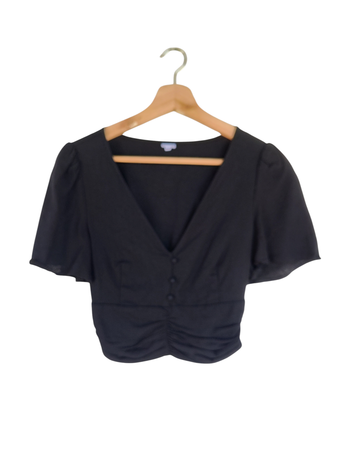 Black Ruched V-Neck Flutter Sleeve Crop Top