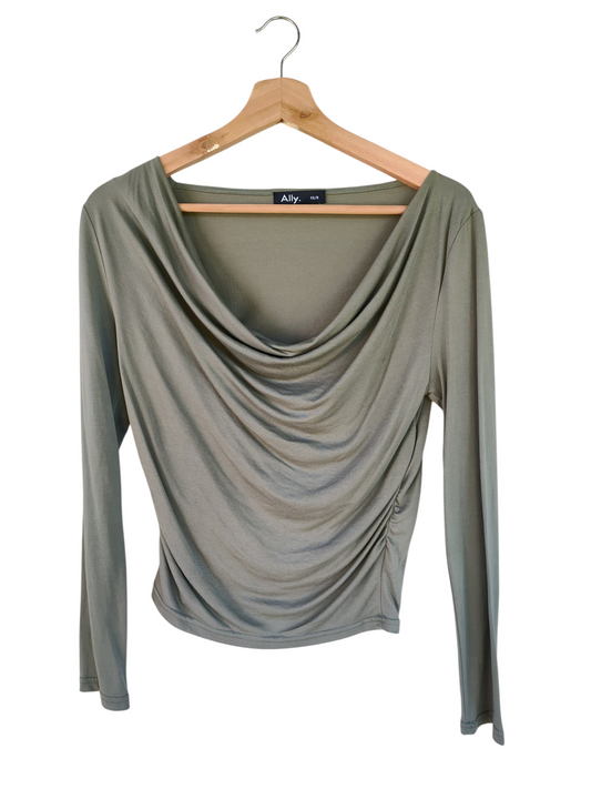 Ally Khaki Cowl Neck Ruched Long Sleeve Top