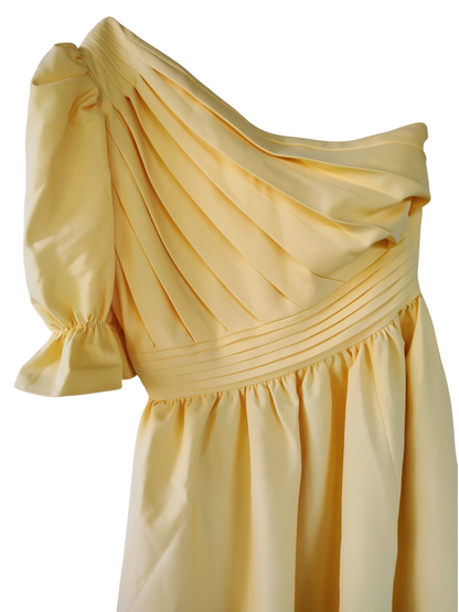 Lavish Alice Yellow One Shoulder Puff Midi Dress