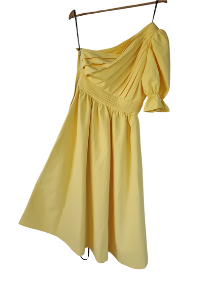 Lavish Alice Yellow One Shoulder Puff Midi Dress