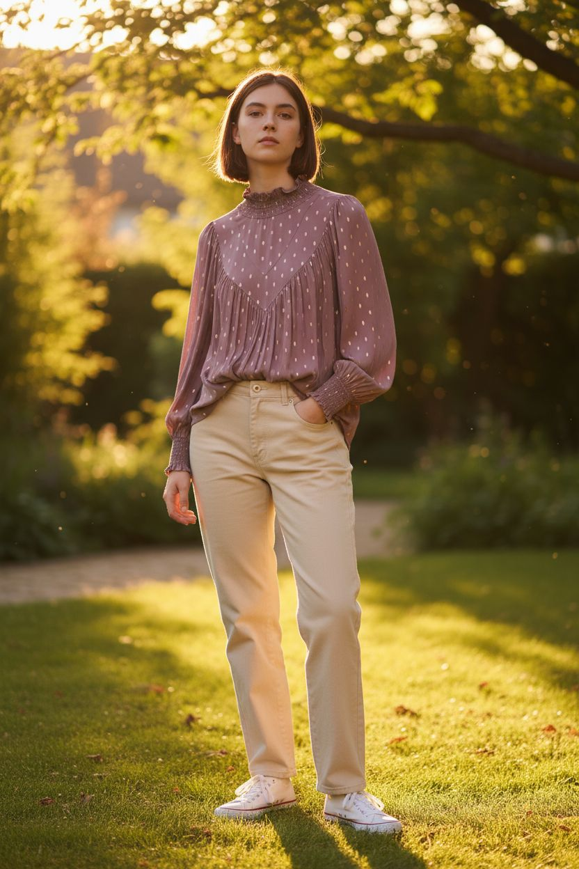 Pink Purple Gold Polks Dot Turtle Neck Blouse