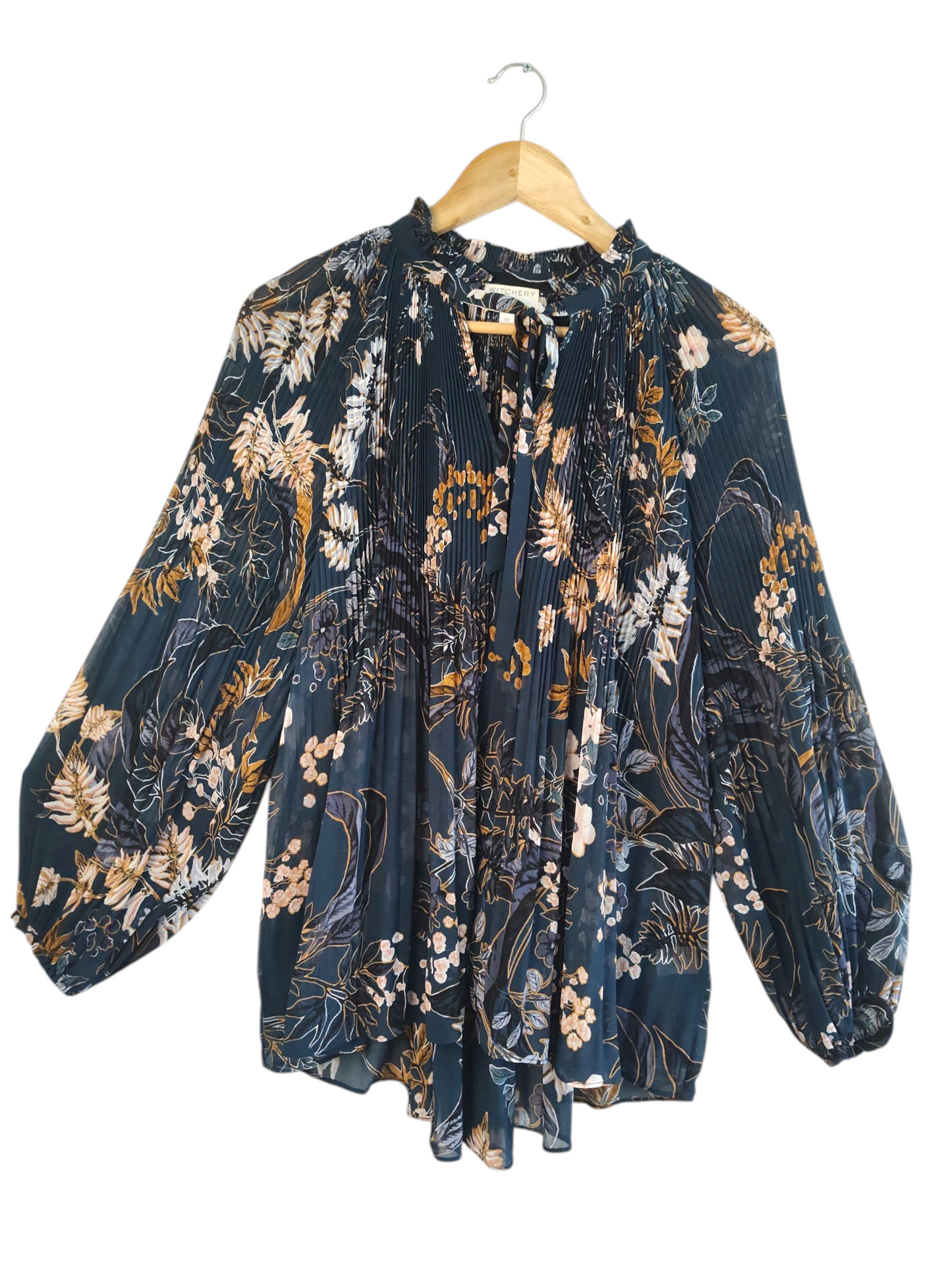 Witchery Pleated Blue Print Long Sleeve Sheer Blouse