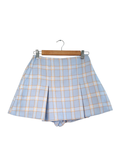 Soft Blue Plaid Pleated Skort