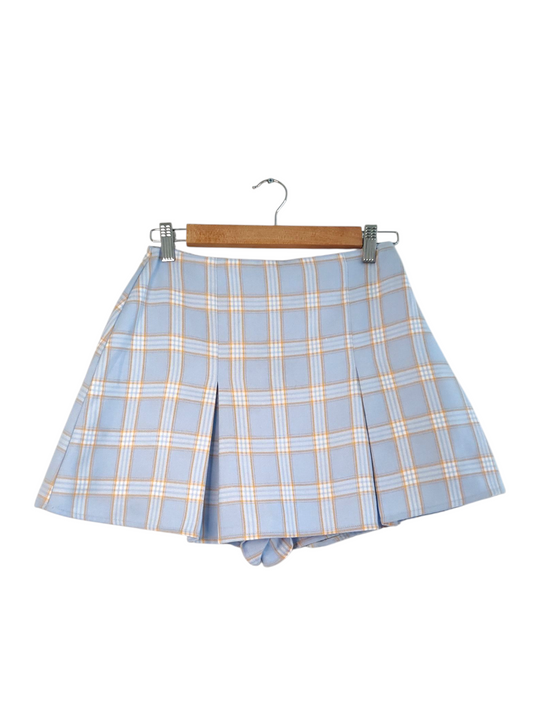 Soft Blue Plaid Pleated Skort